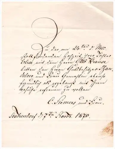 Schreiben von 1870 - C. Siemers in Teschendorf b. Burg Stargard , Gutsbesitzer Bandelow , Mecklenburg
