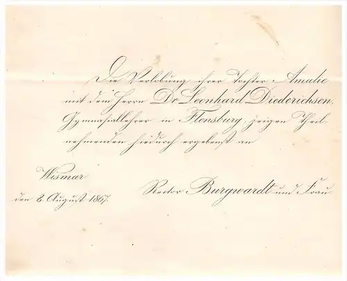 Schreiben von 1867 - Dr. L. Diederichsen , Pastor Burgwardt in Wismar , Mecklenburg , Flensburg !!!