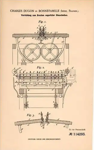 Original Patentschrift - Ch. Dugon à Bonnefamille , Isère , 1900 , Une machine pour casser les vitres, le verre !!!