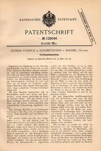 Original Patentschrift - O. Strenge in Elisabethfehn b. Barßel , 1901 , Torf - Schneidemaschine !!!