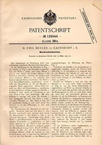 Original Patentschrift - M. Berger in Cainsdorf i.S., 1901 , Muschel - Schneidmaschine , Zwickau !!!