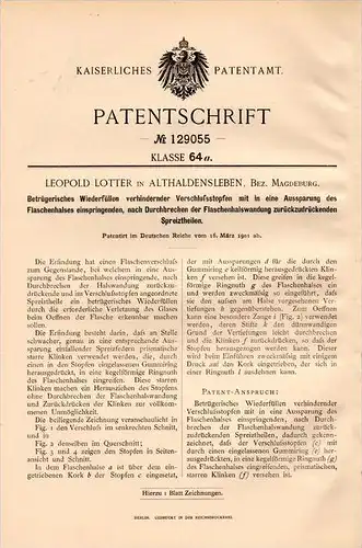 Original Patentschrift - L. Lotter in Althaldensleben , 1901 , Betrugssicherung für Flaschen , Haldensleben !!!