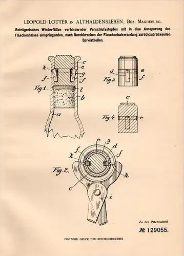 Original Patentschrift - L. Lotter in Althaldensleben , 1901 , Betrugssicherung für Flaschen , Haldensleben !!!