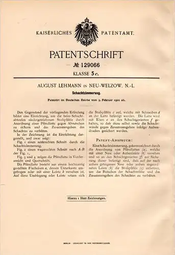 Original Patentschrift - A. Lehmann in Neu Welzow , N.-L., 1901 , Schachtzimmerung , Schacht , Bergbau , Tagebau !!!