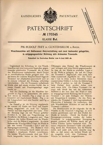 Original Patentschrift - R. Frey in Guntersblum a. Rhein, 1905 , Waschmaschine mit Heizvorrichtung !!