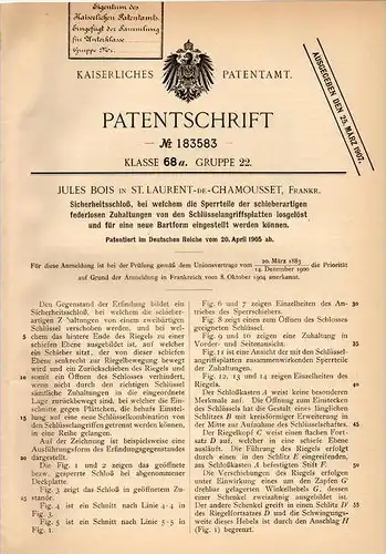 Original Patentschrift - J. Bois à Saint Laurent de Chamousset , 1905 , Verrouillage de sécurité contre le vol, Serrurie