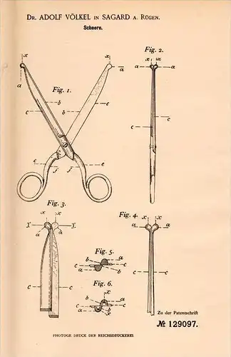 Original Patentschrift - Dr. A. Völkel in Sagard a. Rügen , 1901 , Scheere , Arzt , Schutz für Verletzung , Mecklenburg