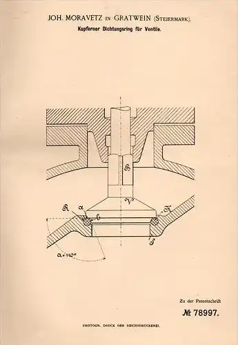 Original Patentschrift - Joh. Moravetz in Gratwein , Steiermark , 1894 , Kupferring für Ventile , Ventil , Maschinenbau