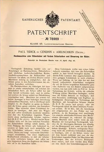 Original Patentschrift -P. Tidick in Gendrin b. Abelischken / Belkino ,1893, Hackmaschine, Mosyr , Friedland Ostpreussen