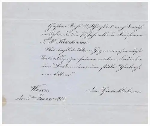 Schreiben von 1864 - F.W. Fleischmann in Waren / Müritz !!! Mecklenburg !!!