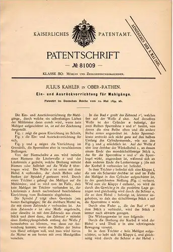 Original Patentschrift - J. Kahler in Rathen i. Sa., 1894 , Apparat für Mahlgänge , Mühle , Mühlstein , Müller !!!