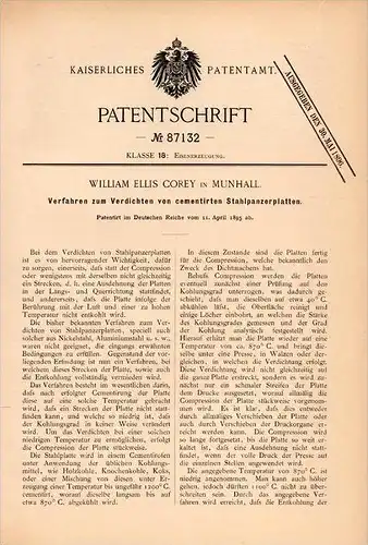 Original Patentschrift - W.E. Corey in Munhall , Pennsyl. , 1895 , Compaction of cemented steel - armor plates