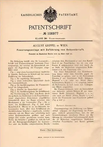 Original Patentschrift - A. Krippel in Wien , 1898 , Feuerungsanlage für Lokomotive , Schiffe , Lok , Eisenbahn !!!