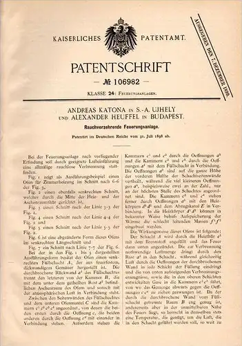 Original Patentschrift - A. Katona in Ujhely , Hungary ,1898, Verbrennungsanlage ohne Rauch , Ofen , Heuffel , Budapest