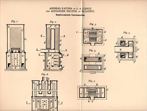 Original Patentschrift - A. Katona in Ujhely , Hungary ,1898, Verbrennungsanlage ohne Rauch , Ofen , Heuffel , Budapest