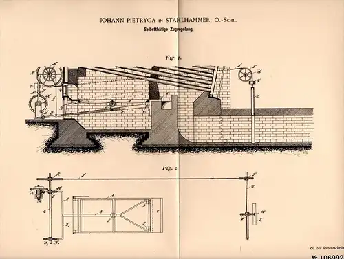 Original Patentschrift - J. Pietryga in Stahlhammer / Kalety , 1898 , Zugregelung für Feuerungsanlagen , Heizung !!!