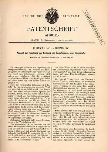 Original Patentschrift - R. Reichling in Bernburg , 1884 , Apparat für Dampfkessel , Dampfmaschine !!!