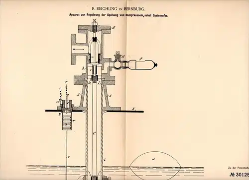 Original Patentschrift - R. Reichling in Bernburg , 1884 , Apparat für Dampfkessel , Dampfmaschine !!!