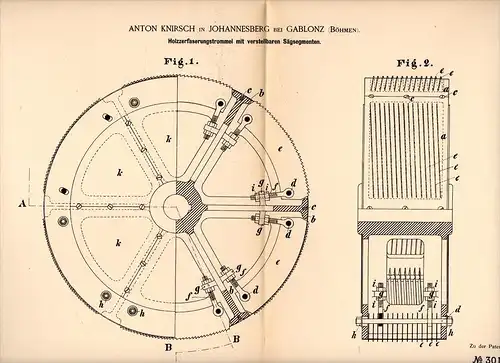 Original Patentschrift - A. Knirsch in Johannesberg / Janov nad Nisou , 1884 , Holz - Zerfaserung , Papierfabrikation !!