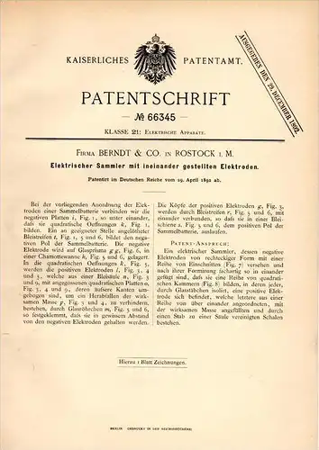 Original Patentschrift - Berndt & Co in Rostock i. Meckl. , 1892 , elektrischer Sammler , Batterie , Elektrik !!!