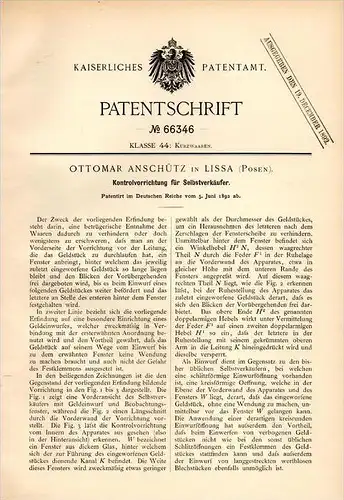 Original Patentschrift - O. Anschütz in Lissa / Leszno i. Posen , 1892 , Apparat für Verkaufsautomat !!!