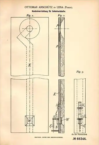 Original Patentschrift - O. Anschütz in Lissa / Leszno i. Posen , 1892 , Apparat für Verkaufsautomat !!!