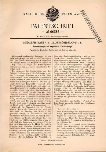 Original Patentschrift - R. Bauer in Großröhrsdorf i.S., 1892 , regelbare Schmierpumpe , Maschinenbau !!!