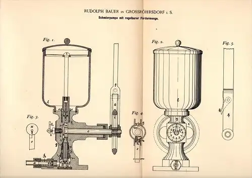 Original Patentschrift - R. Bauer in Großröhrsdorf i.S., 1892 , regelbare Schmierpumpe , Maschinenbau !!!