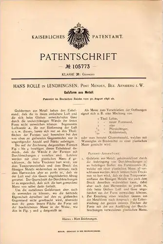 Original Patentschrift - H. Rolle in Lendringsen b. Menden , 1898 , Gußform aus Metall , Gießerei , Metallbau !!!