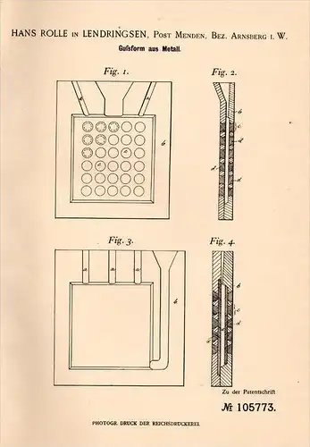 Original Patentschrift - H. Rolle in Lendringsen b. Menden , 1898 , Gußform aus Metall , Gießerei , Metallbau !!!