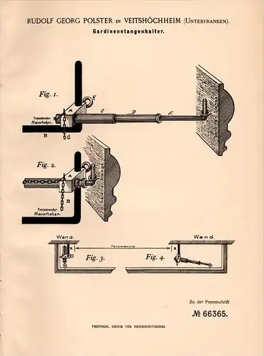 Original Patentschrift - R. Polster in Veitshöchheim , 1892 , Halter für Gardinenstange , Raumausstatter , Würzburg !!!