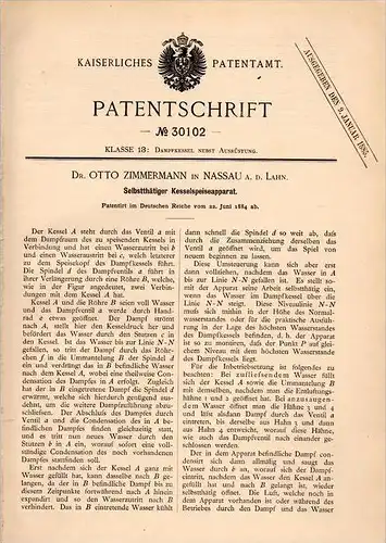 Original Patentschrift - Dr. O. Zimmermann in Nassau a.d. Lahn , 1884 , Kessel - Speiseapparat , Dampfmaschine !!!