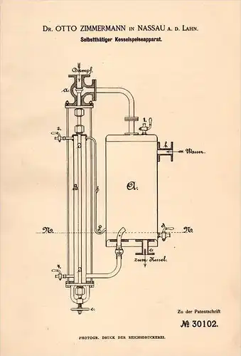 Original Patentschrift - Dr. O. Zimmermann in Nassau a.d. Lahn , 1884 , Kessel - Speiseapparat , Dampfmaschine !!!