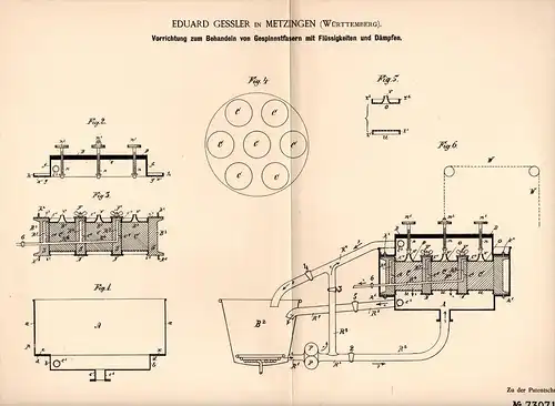 Original Patentschrift -E. Gessler in Metzingen ,Württ.,1893, Apparatfür Gespinstfasern , Textilien , Kleider , Stoffe !
