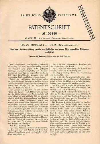 Original Patentschrift - D. Froissart à Douai , 1897 , L'appareil cible pour le tir en position couverte , Cannon !!!