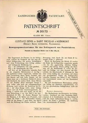 Original Patentschrift - G. Denis à Saint Nicolas d` Aliermont , 1884 , Mécanisme pour frapper des horloges à balancier
