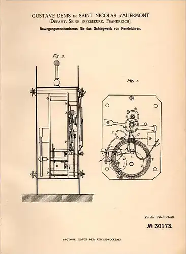 Original Patentschrift - G. Denis à Saint Nicolas d` Aliermont , 1884 , Mécanisme pour frapper des horloges à balancier