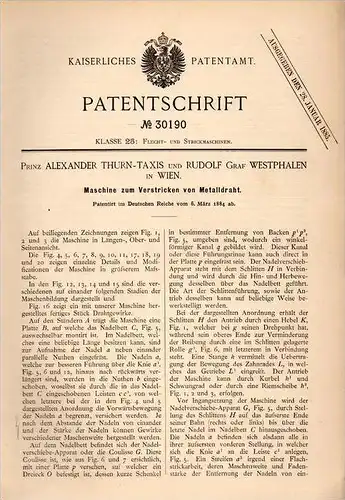 Original Patentschrift - Prinz Alexander Thurn - Taxis und R. Graf Westphalen in Wien , 1884 , Masichine zum Stricken !!