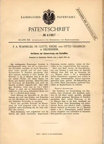 Original Patentschrift - F. Warnecke, G. Keidel und O. Gramsch in Hildesheim , 1887 , Kartoffel - Connservierung !!!
