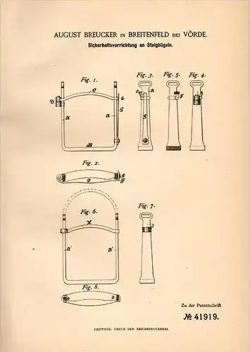 Original Patentschrift - A. Breucker in Breitenfeld b. Voerde , 1887 , Steigbügel - Sicherung , Pferde , Reiten , Vörde