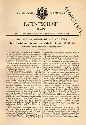 Original Patentschrift - Dr. Th. Riefenstahl in Bad Driburg ,1886, Bacillen - Sicherung für Conservenbüchsen , Bakterien