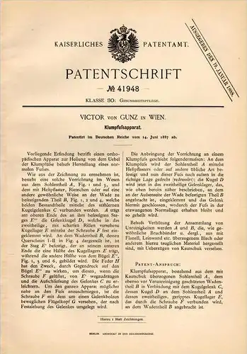 Original Patentschrift - Victor von Gunz in Wien , 1887 , Klumpfuß - Apparat , Chirurgie , Arzt , Behinderung !!!