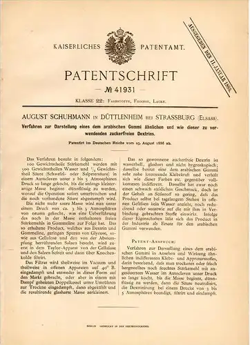Original Patentschrift - A. Schuhmann in Duttlenheim , 1886 , La gomme arabique, dextrine, de la chimie !!!