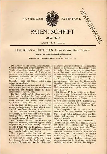 Original Patentschrift - K. Bruns à Lützelstein / La Petite-Pierre , 1886 , Appareil pour déterminer les coordonnées !!!