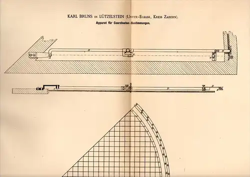 Original Patentschrift - K. Bruns à Lützelstein / La Petite-Pierre , 1886 , Appareil pour déterminer les coordonnées !!!