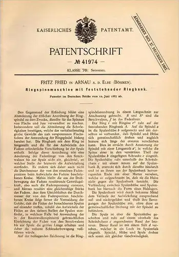 Original Patentschrift - Fritz Fried in Arnau / Hostinné a. Elbe , 1887 , Spinnmaschine , Spinnerei , Böhmen !!!