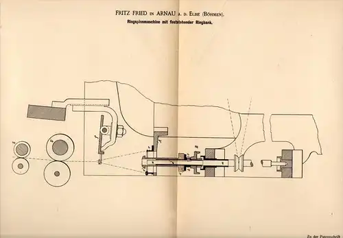 Original Patentschrift - Fritz Fried in Arnau / Hostinné a. Elbe , 1887 , Spinnmaschine , Spinnerei , Böhmen !!!