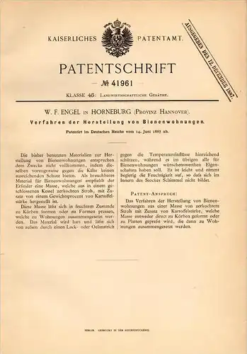 Original Patentschrift - W.F. Engel in Horneburg b. Stade , 1887 , Herstellung von Bienenwohnungen , Bienen , Imkerei !!