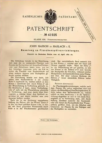 Original Patentschrift - J. Masson in Haslach i. Kinzigtal , 1887 , Spülvorrichtung für Flaschen , Brauerei !!!