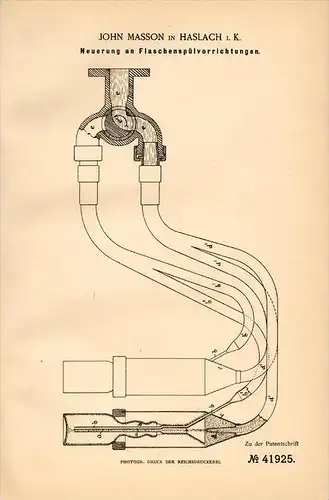 Original Patentschrift - J. Masson in Haslach i. Kinzigtal , 1887 , Spülvorrichtung für Flaschen , Brauerei !!!